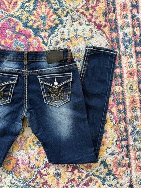 Y2K Goth Grunge Low Rise Studded Embroidered Jeans Dark Wash Slim Fit